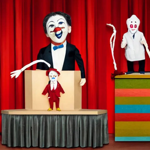 Image similar to puppet show with a puppeteer using a string marionette of a president with clown makeup in a podium