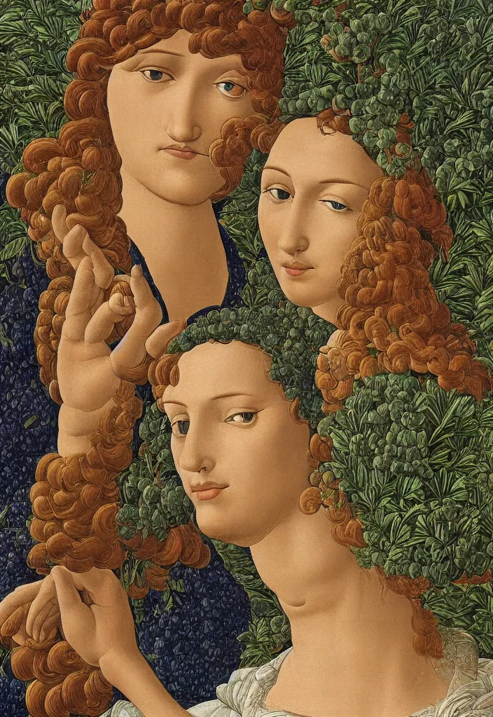 Image similar to men and women, closeup portrait, garden with fruits, ultra detailed, Botticelli style