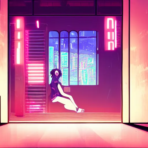 Prompt: cyberpunk girl sitting inside an empty store being looked at through the window in the style of satoshi kon, soft anime illustration, dark neon colors, soft ambience, beautiful composition, backlit, lots of details