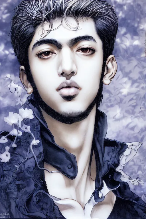 Image similar to beautiful medium shot manga portrait of mahmood inspired by ayami kojima with short hair dressed with a white t - shirt, white background white bank studio light, art by yoshitaka amano, hiroaki samura, jiro matsumoto and yusuke murata, sharp focus, high quality, 8 k