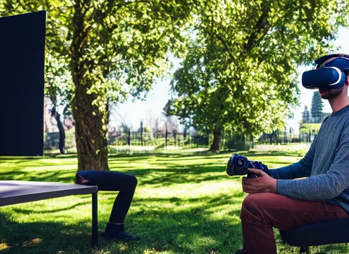 Image similar to photo still of a bronze statue of a man gaming in vr in a park on a bright sunny day, 8 k 8 5 mm f 1 6