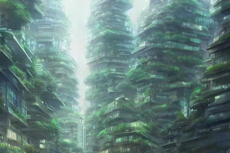 Image similar to futuristic city, lush vegetation, humid, early evening, diagonal view, geometric buildings, cloudy, beautiful, dull pastel colors, realistic, foggy, dreamy, nostalgic, bright, trending on artstation by yoshitaka amano and makoto shinkai, studio ghibli style