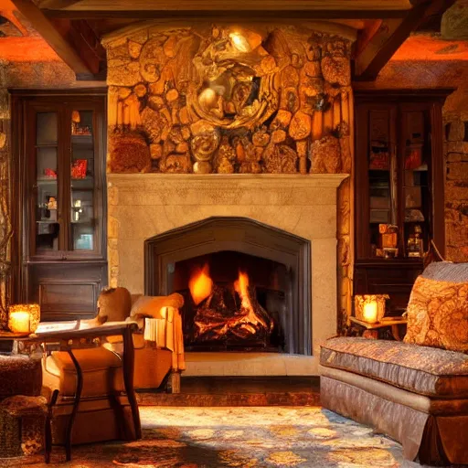 Prompt: renaissance style fireplace, fire burning, cozy lounge ambiance, low lightning, room is lit by the fire, 4 k, hyper realistic photography