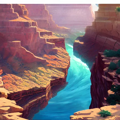 Image similar to concept art painting of a grand canyon filled to the top with water, giant river, with unfinished bridge under construction, realistic, detailed, cel shaded, in the style of makoto shinkai and greg rutkowski and james gurney