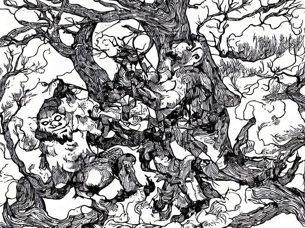 Prompt: illustration by mcbess, black and white inks, silk - print, lumberjack hitting a tree with angry face with a guitar