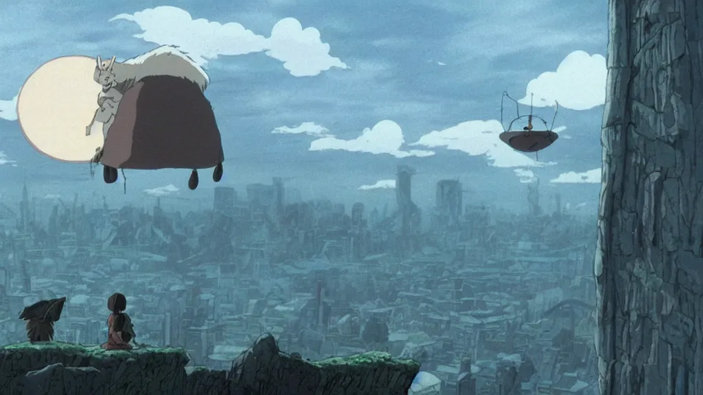 Image similar to a cell shaded cartoon movie still from princess mononoke ( 1 9 9 7 ) showing a ufo from independence day ( 1 9 9 6 ) hovering in the air above a city. very dull muted colors, hd, 4 k, hq