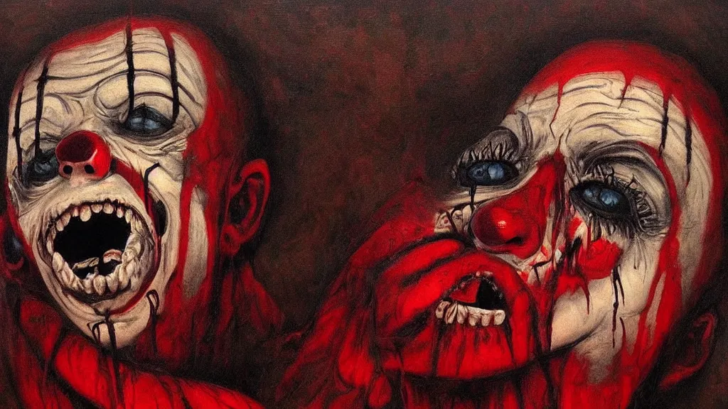 Image similar to nightmare clown drowning in his sorrows and depression, surrealist horror painting with soft, gothic red black and brown colors. soft paint strokes evoking profound sadness, killer clown spiraling into hopelessness. renaissance oil painting, incredibly detailed.