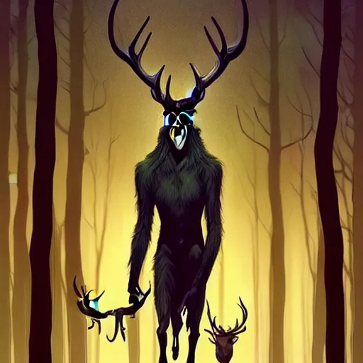 Image similar to rafeal albuquerque comic art, joshua middleton, artgerm : : wendigo monster with deer skull face, antlers, furry body, tall and lanky : : walking through the forest : : night time : : spooky, scary, fog