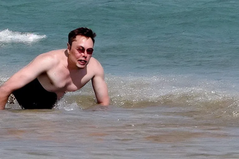 Image similar to Elon musk without shirt swimming in the beach