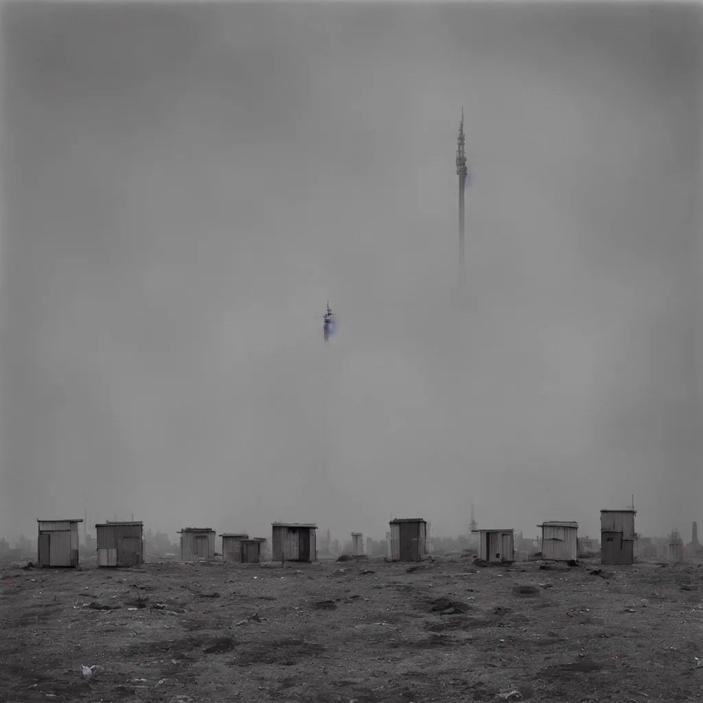 Image similar to towers made up of densely stacked makeshift squatter shacks with pastel colours suspended over a quagmire, plain uniform sky at the back, misty, mamiya, ultra sharp, very detailed, photographed by man ray