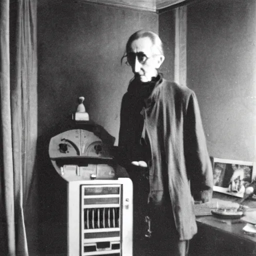 Image similar to underexposed photo of Marcel Duchamp in a room with an ancient machine, tri-x, archival pigment print in the style of Hito Steyerl, contemporary art