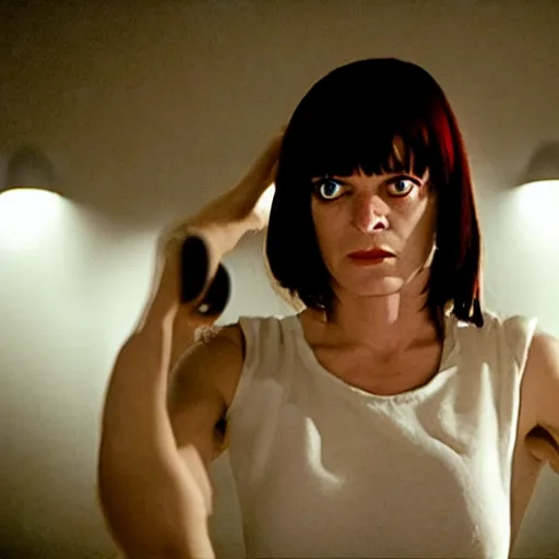 Image similar to movie still of cyborg mia wallace, cinematic composition, cinematic light, criterion collection, by edgar wright