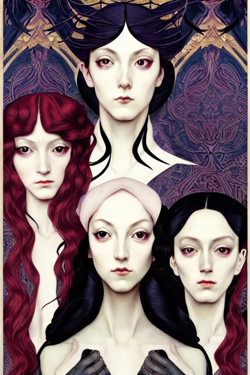 Image similar to a triad of winter muses, style blending æon flux, shepard fairey, botticelli, ivan bilibin, and john singer sargent, inspired by pre - raphaelites, shoujo manga, and harajuku fashion, stark landscape, muted dark colors, superfine inklines, ethereal, otherworldly, 4 k photorealistic, arnold render