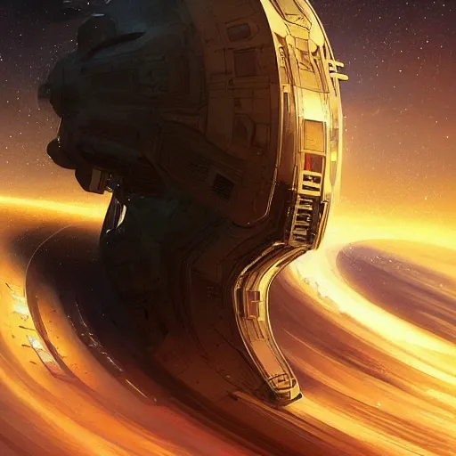 Prompt: A spaceship entering a massive black hole in space, intricate, highly detailed, digital painting, artstation, concept art, sharp focus, cinematic lighting, illustration, art by artgerm and greg rutkowski, alphonse mucha, cgsociety