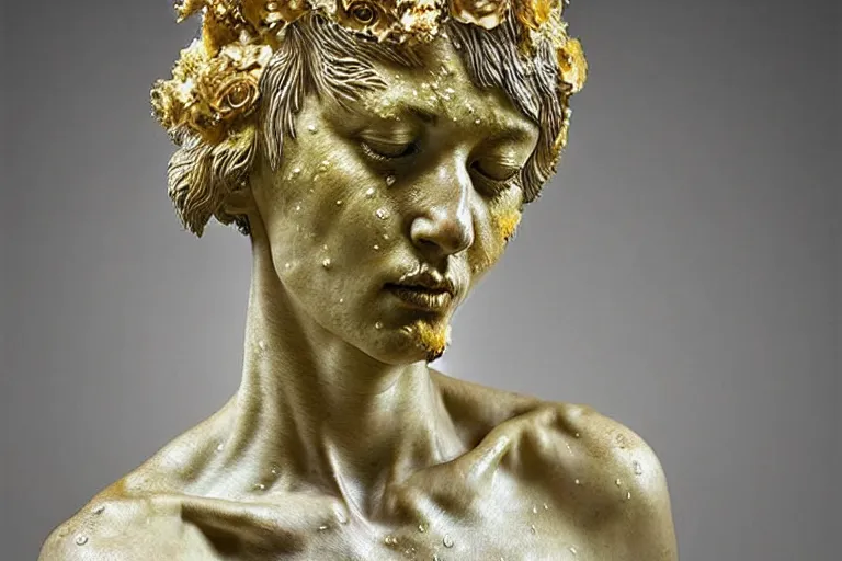 Image similar to a sculpture of a person with flowing golden tears, fractal flowers on the skin, a marble sculpture by nicola samori, behance, neo - expressionism, marble sculpture, apocalypse art, made of mist