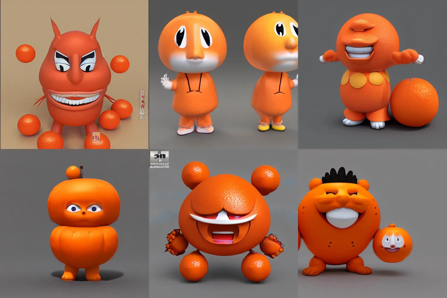 Prompt: 3d model of a Japanese mascot, representing oranges, art by Kawase Hasui and Yokoyama Taika and Goto Jin