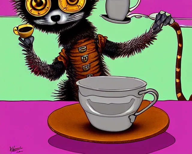 Image similar to an steampunk lemur having a cup of tea, by jim woodring