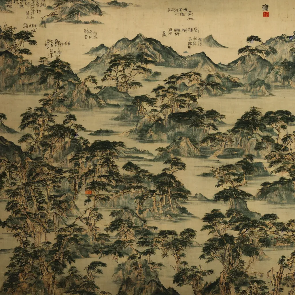 Prompt: a titian painting of the mountains and lakes around chengdu