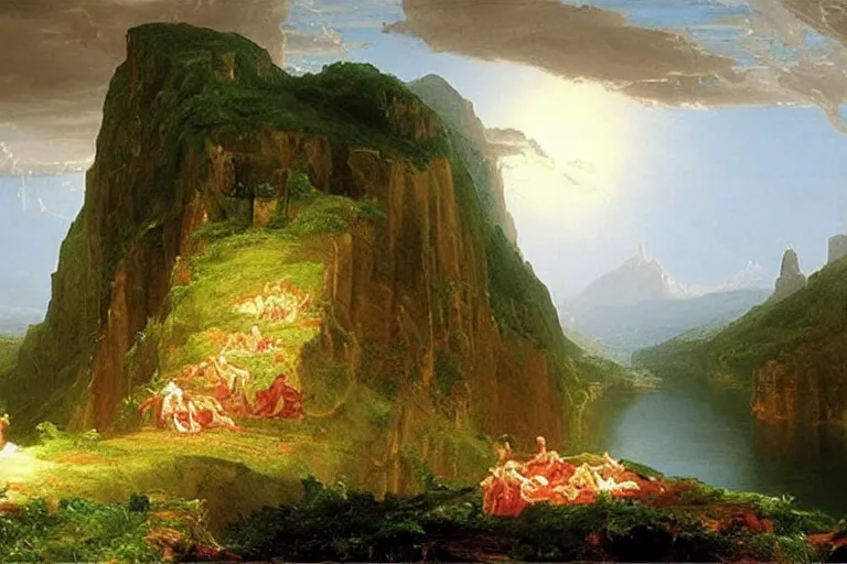 Image similar to there is another world very close to ours that we don't perceive directly, but they do interact sometimes. painting by thomas cole ( 1 8 3 3 )