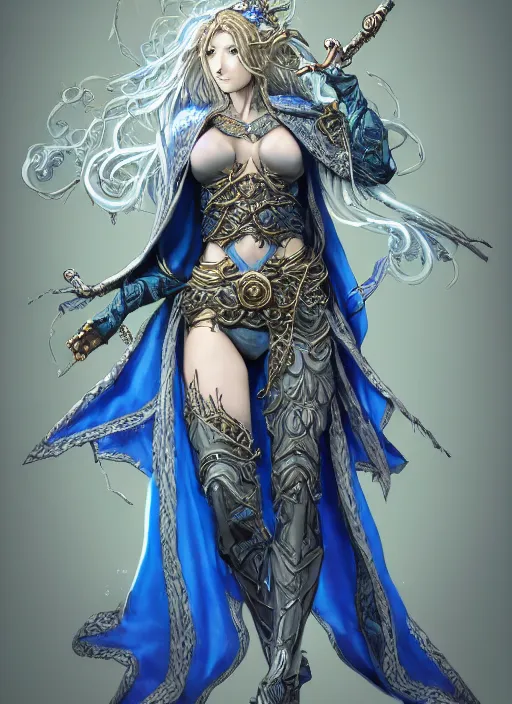 Prompt: Full body portrait of a beautiful elven female mage with curly blonde hair in ornate gray and blue mage robe, vibrant colours, light magic, illusion magic. In style of Yoji Shinkawa and Hyung-tae Kim, trending on ArtStation, dark fantasy, great composition, concept art, highly detailed.