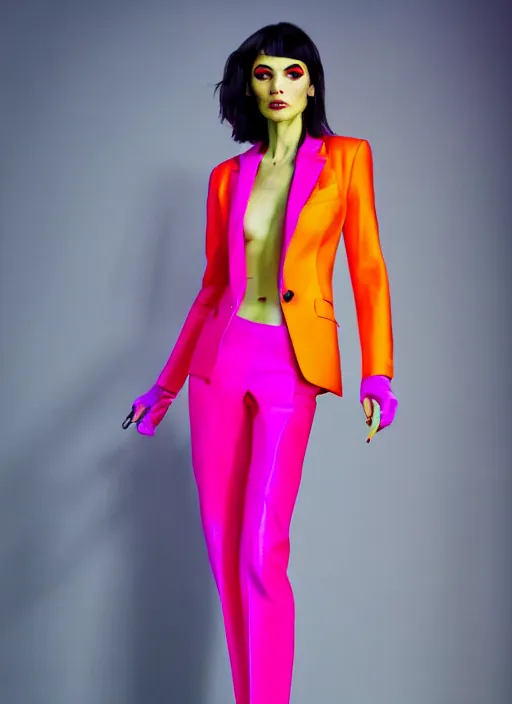 Image similar to trouser suit for a rave, bright colors, photo for a magazine, photo for a store, fashion photography, Vogue, 135 mm, cinematic, high detail, 8k, dynamic pose,Smooth skin