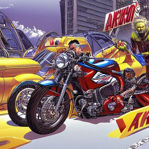 Image similar to Akira motorcycles by Joe Jusko, rendered in hyperdetailed Ultra HD, trending on ArtStation, luminous