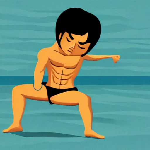 Prompt: bruce lee meditating on the beach, muscles, sticker, colorful, illustration, highly detailed, simple, smooth and clean vector curves, no jagged lines, vector art, smooth