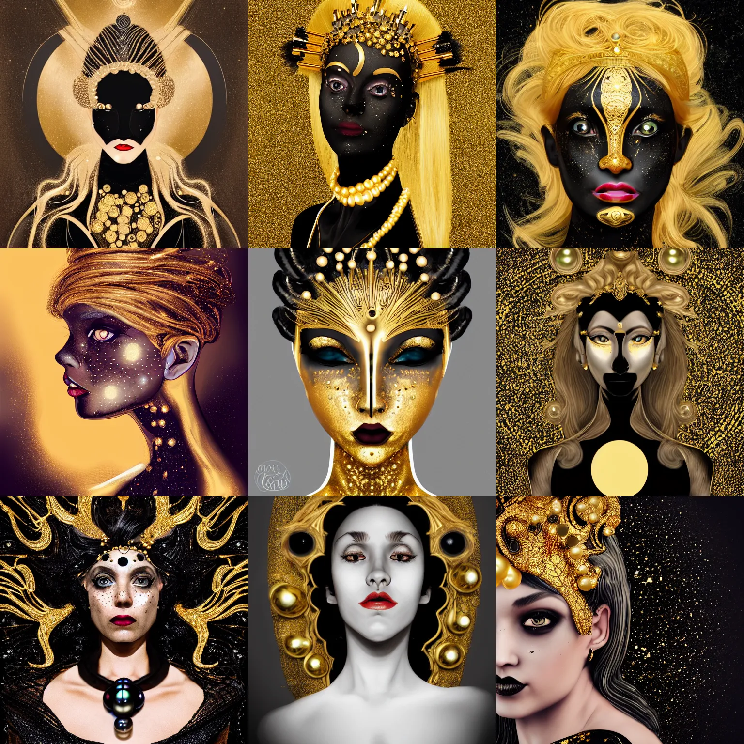 Prompt: Gold girl with gold hair in black dress, black art nouveau style headdress, black pearls, black gems, glowing eyes, light freckles, portrait, biomech, concept art, medium shot, unreal, octane, symmetrical, photorealism