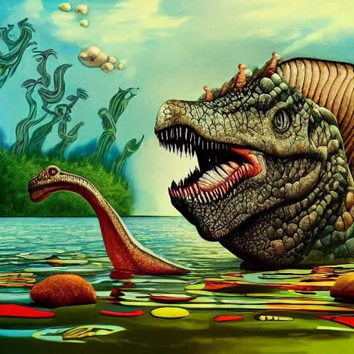 Prompt: dinosaur in water inspired by jacek yerka, cinematic