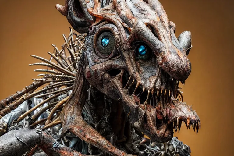 Image similar to photo taken of an epic intricate, ultra detailed, super realistic gritty, hero prop, exquisitely weathered animatronic movie prop of a lifelike sculpture of a nightmarish creature displayed in the workshop, created by weta workshop, full body shot, photorealistic, sharp focus