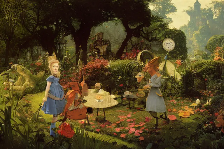 Image similar to alice in wonderland in the garden, john tenniel, normal rockwell, craig mullins, david curtis, carl spitzweg, morgan weistling, chris foss