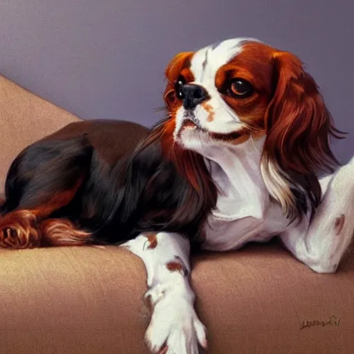 Image similar to a cavalier king charles spaniel who is really bored, tired, lying on a sofa with pillows, oil on canvas, by artgerm and greg rutkowski and alphonse mucha