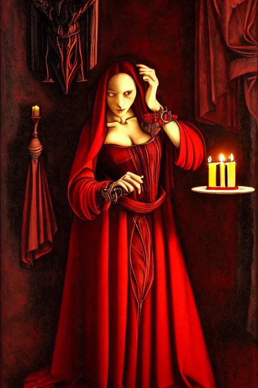 Image similar to a vampire in an ornate red dress, obelisks and black pyramids, candle light, oil painting, high detail, dark lighting, atmospheric, extremely detailed, intricate, da vinci, michelangelo, caravaggio, hans holbein, raphael, donatello, 8 k