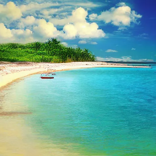 Prompt: tropical beach, afternoon, clouds, boats, glistening ocean, digital art