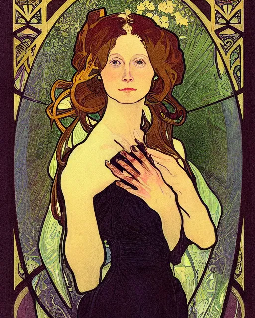 Image similar to a portrait painting of ( ( ( tilda swindon ) ) ) in the style of alphonse mucha!!!