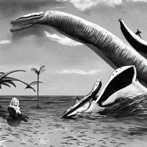 Image similar to terrifying plesiosaur attacking swimmers at the beach. detailed, realistic, photograph.