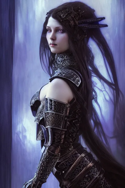 Prompt: beautiful luxury and gothic and victorian and evil medieval female blue armor knight portrait+smoky eyes+light flowing hair, in ruin gothic cathedral, ultradetail face, art and illustration by tian zi and craig mullins and WLOP and alphonse mucha, fantasy, intricate complexity, human structure, fantasy world concept, watermark, blurry, hyperrealism 8k