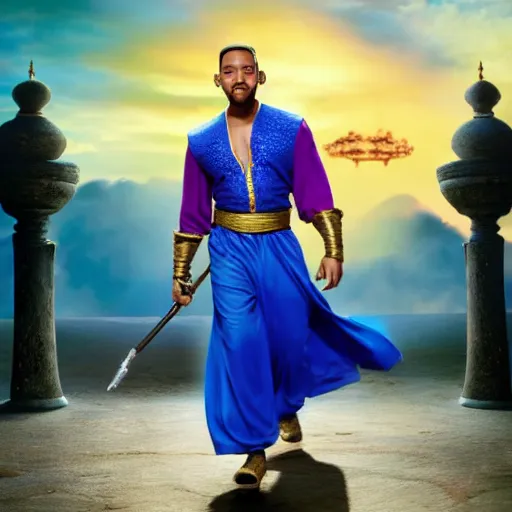 Image similar to will smith as the genie from alladin with a pistol, photo realistic, 8 k, detailed, will smith, alladin