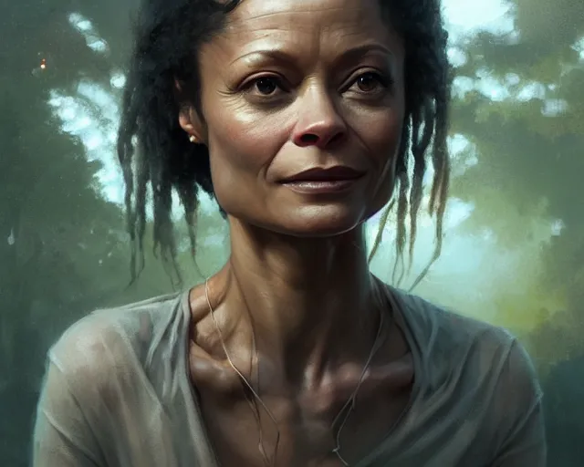 Image similar to highly detailed portrait of thandie newton in the walking dead, stephen bliss, unreal engine, fantasy art by greg rutkowski, loish, rhads, ferdinand knab, makoto shinkai and lois van baarle, ilya kuvshinov, rossdraws, tom bagshaw, global illumination, radiant light, detailed and intricate environment