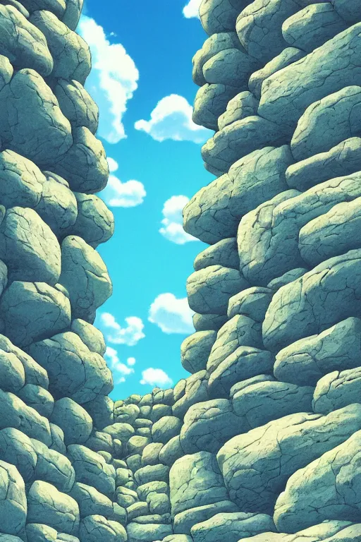 Prompt: stone wall stretching to the sky at the edge of the world, 4 k digital paint by studio ghibli hayao miyazaki. vivid colours, vaporwave lighting style, very sharp and detailed. trending on artstation and behance.