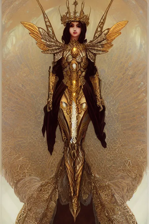 Image similar to full body portrait of a queen wearing white armor with ornate bronze and gold, white gossamer wings, art nouveau, profile, 4K, character concept art, oil painting, trending in artstation, cgsociety, by nekro, Alphonse Mucha, Brom, Artgerm