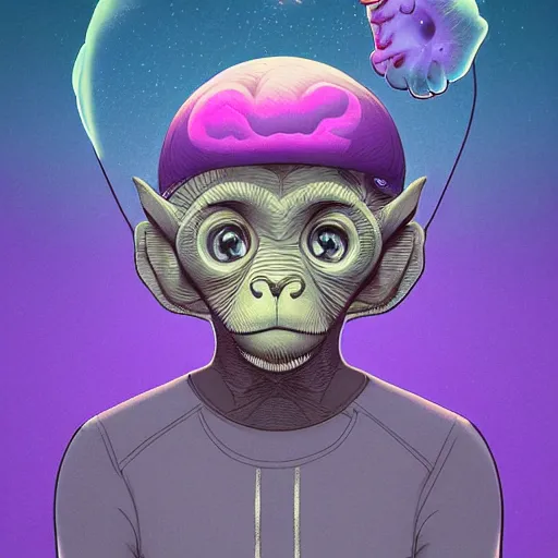 Prompt: a frontal portait drawing of a small cute purple monkey with a brain cap by inio, beeple and james jean, aya takano color style, trippy, colorful, 8 k, super detailed, night sky, digital art, digital painting, clean