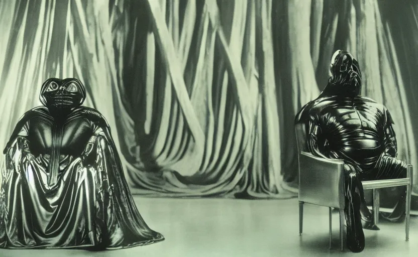 Image similar to chunky orson welles sitting on a dark throne, in an alien room by hans giger, film still from the movie by alejandro jodorowsky with cinematogrophy of christopher doyle and art direction by hans giger, anamorphic lens, kodakchrome, very detailed photo, 8 k