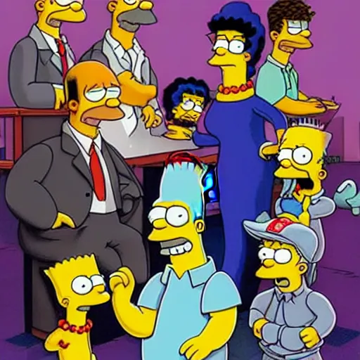 Prompt: the cast of the simpsons playing the roles in clerks