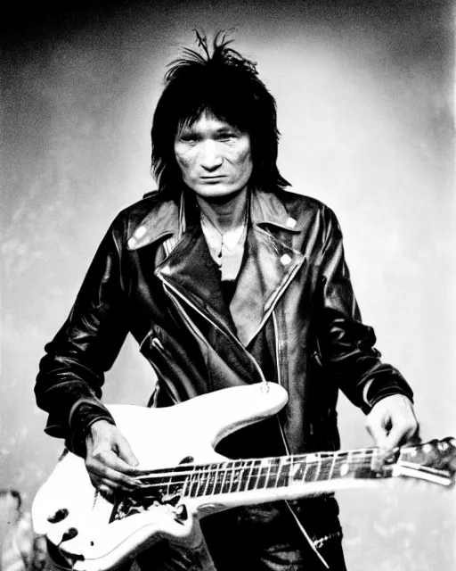 Prompt: sixty years old viktor tsoi with guitar in his hands, leather jacket, photo, microphone, rock concert, black and white, iso 6 0 0, 3 5 mm, kodak gold