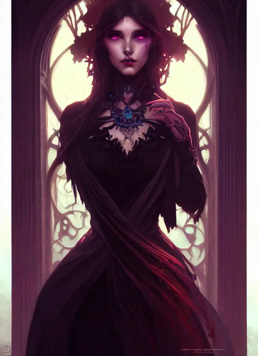 Image similar to Necromancer Sorceress, fantasy magic, undercut hairstyle, dark light night, intricate, elegant, sharp focus, illustration, highly detailed, digital painting, concept art, matte, art by WLOP and Artgerm and Greg Rutkowski and Alphonse Mucha, masterpiece