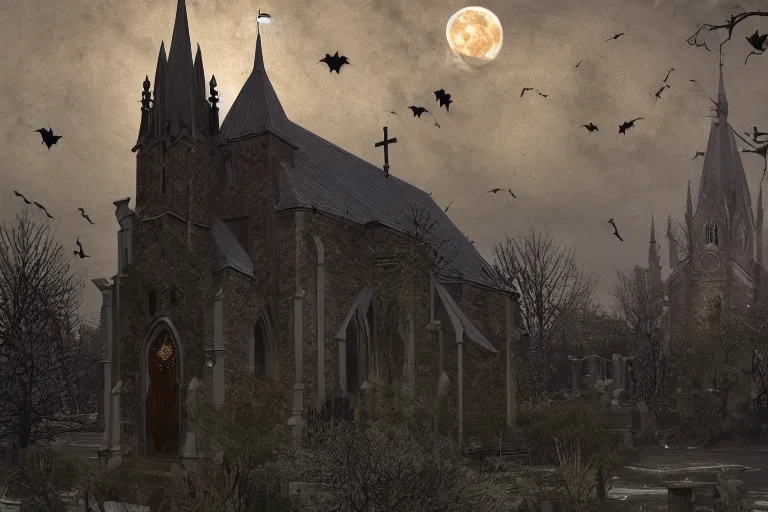 Image similar to an ultra detailed animation of a church steeple with bats in a graveyard at midnight on halloween, digital art, dark fantasy, concept art, soulslike, by alphonse mucha, blood moon eclipse, ruined building in the background, artstation, 8 k, unreal engine render