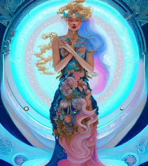 Prompt: porttait of a beautiful celestial Italian Mexican pearlescent rgb Goddess wearing a futuristic lush Japanese slim dress exposed in cryo chambers by James Jean, royal blue and pink and gold theme, intricate, elegant, highly detailed, centered, digital painting, artstation, concept art, smooth, sharp focus, illustration, by Peter Mohrbacher, WLOP