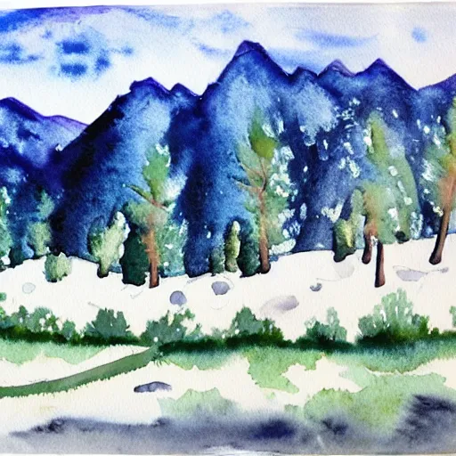 Image similar to https : / / s. mj. run / ykodba 4 hx 8 w, watercolor mountains painting, white swirls, forest