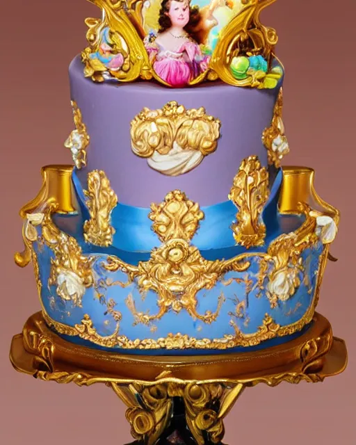 Prompt: baroque rococo painting Royal Fancy pedestal with cake on top Greg Hildebrandt Lisa Frank high detail cute adorable whimsical close up